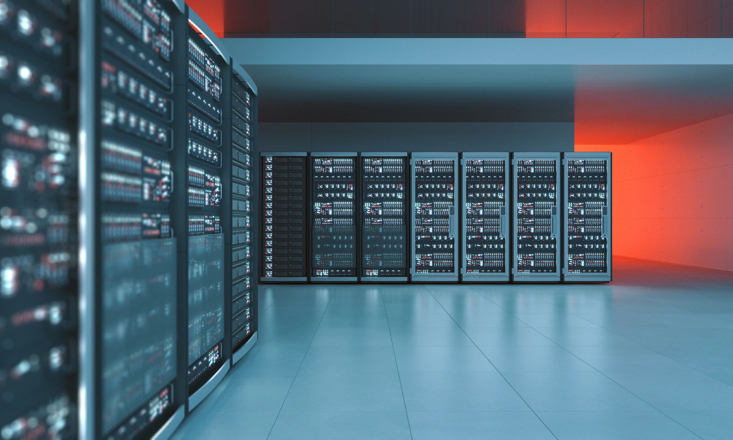 Modern data center with illuminated servers