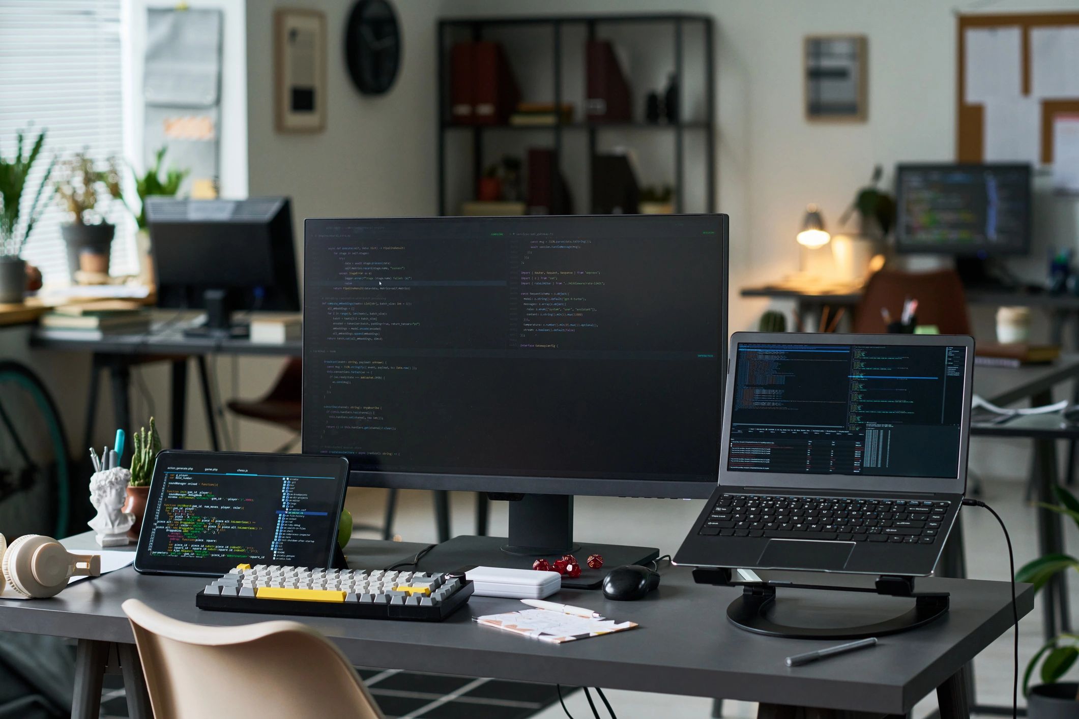 Developer workspace with code on multiple screens in a dark office