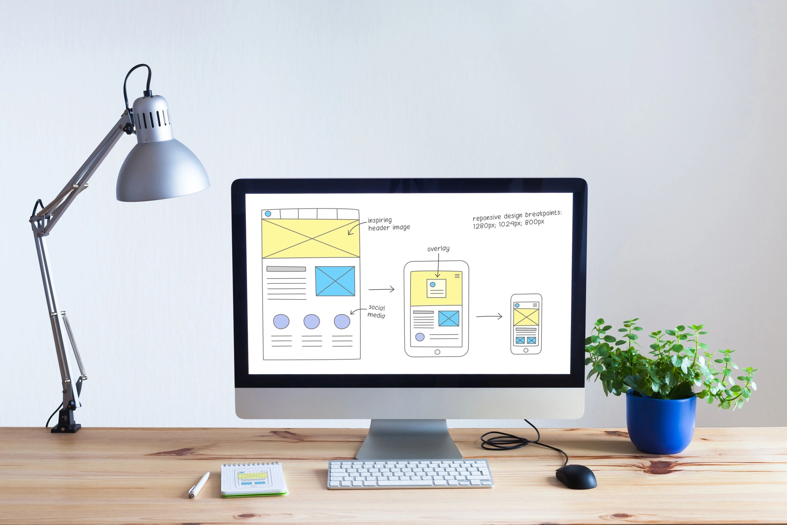 Responsive web design wireframe on a desktop screen in a modern office